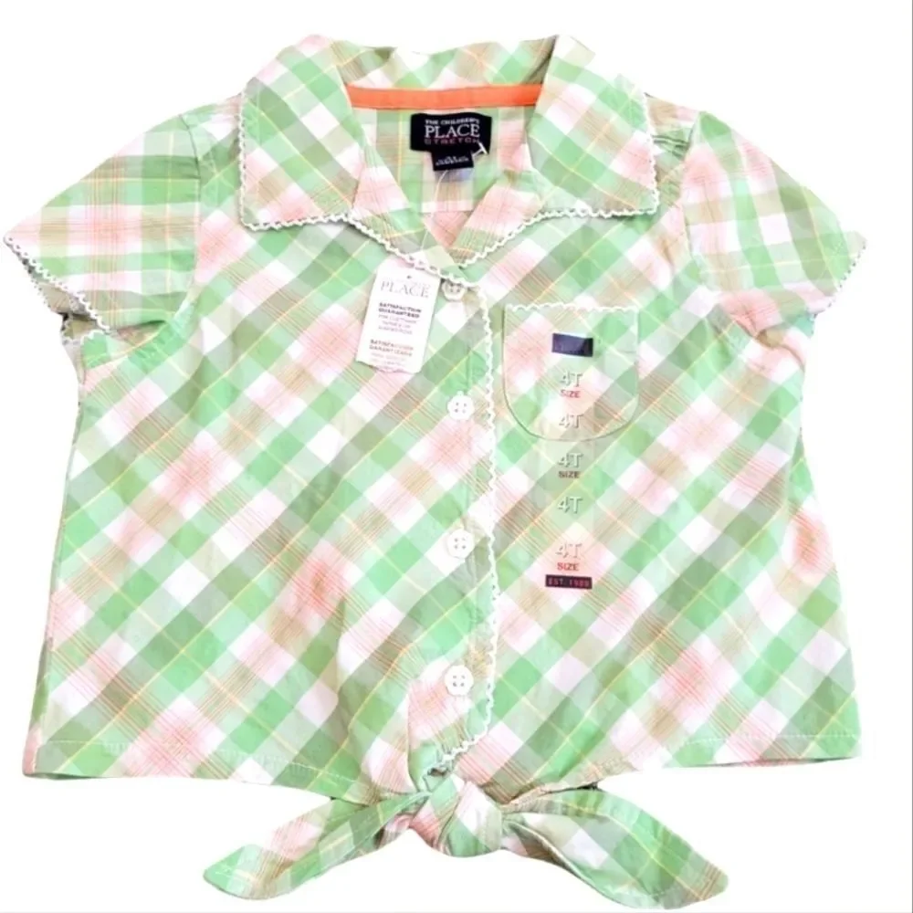 NWT THE CHILDREN'S PLACE STRETCH PLAID BUTTON UP TIE IN FRONT TOP SZ. 4T